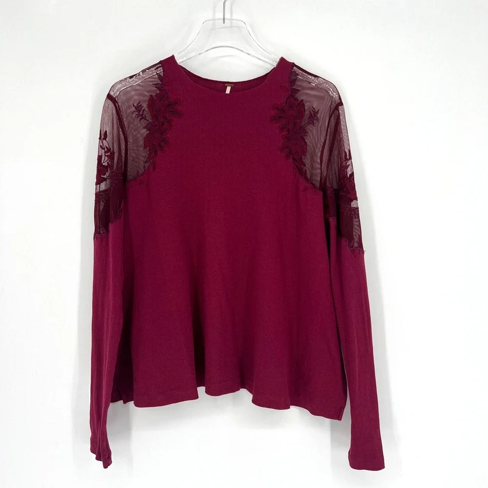 Free People Top Womens S Daniella Red Ribbed Mesh Floral‎ Shoulder Embroidered